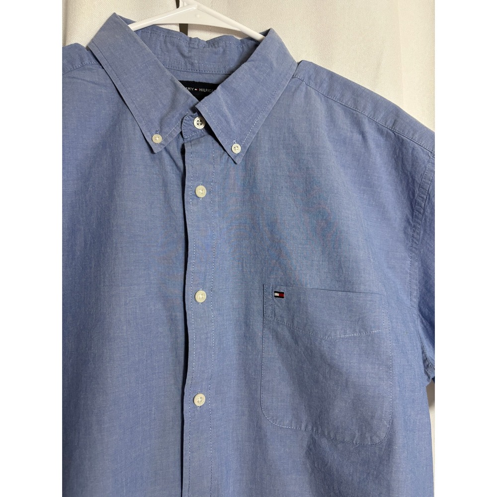 Tommy Hilfiger Mens Classic Fit Short Sleeve Button Down Shirt Blue XL - Picture 3 of 4